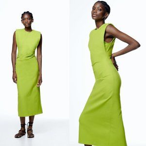 Sold - NWT New Zara Shoulder Pad Draped Sleeveless Green Dress Size M